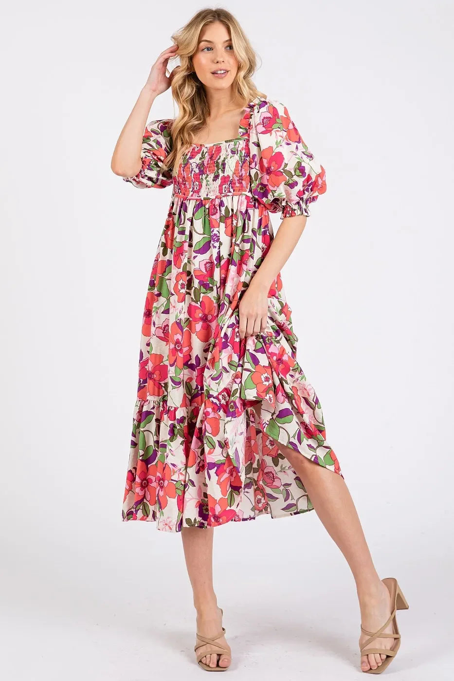 Flower Printed Puff Sleeve Ruffle Smocked Midi Dress - Eva's Edition