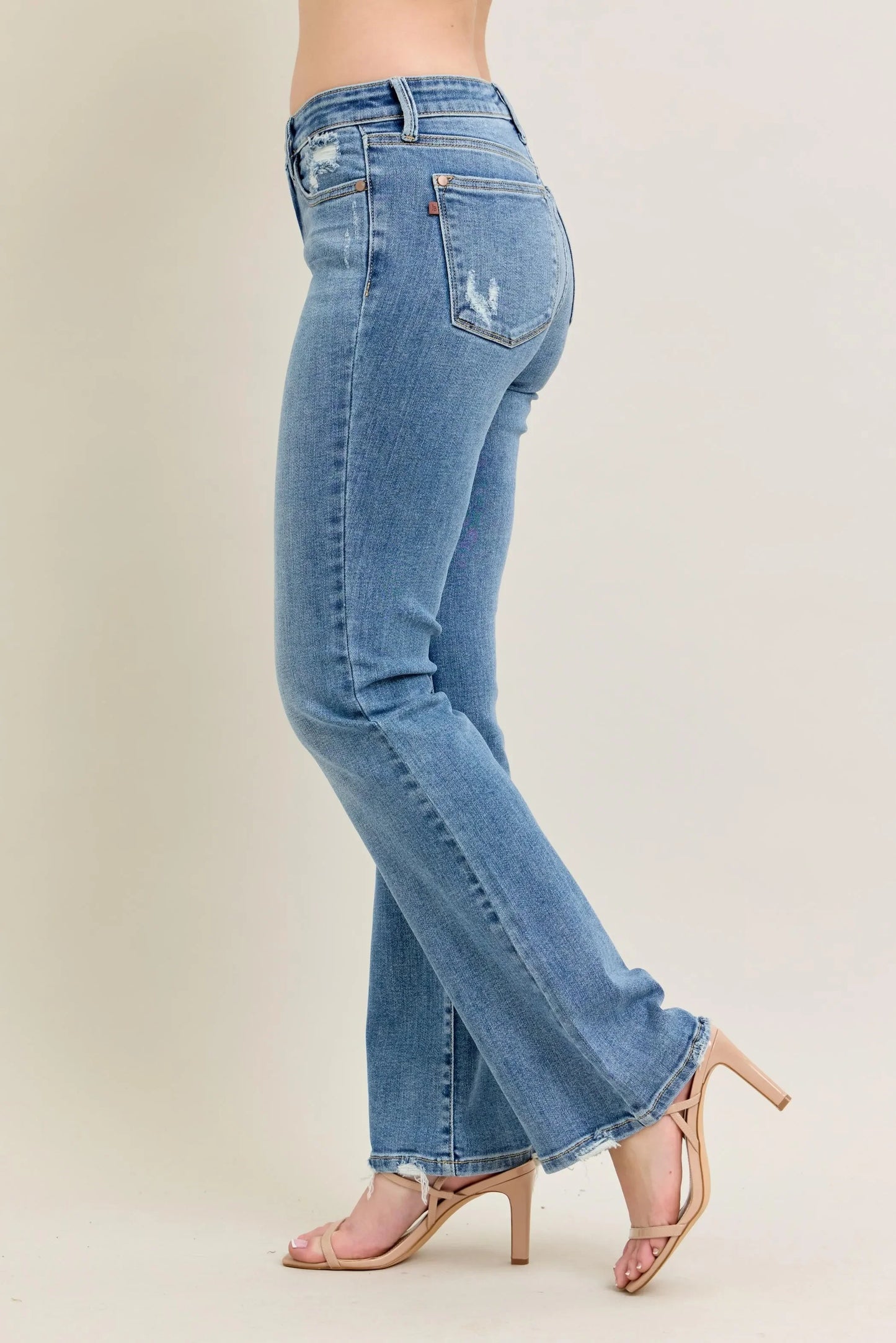 Mid Rise Wash Destroy Hem Bootcut Jeans - Eva's Edition