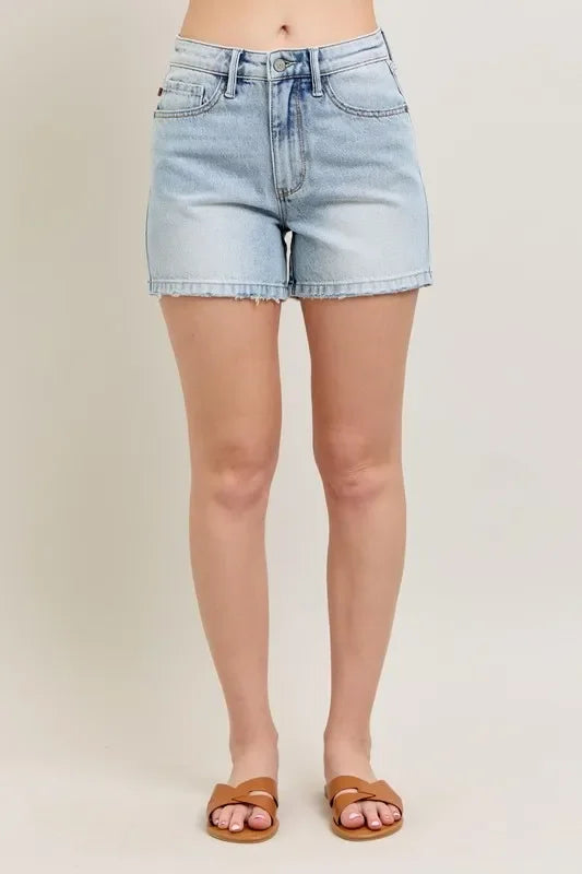 Frayed Hem High Rise Denim Shorts with Pockets - Eva's Edition