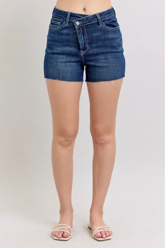 High Waist Criss-Cross Waistband Denim Shorts - Eva's Edition