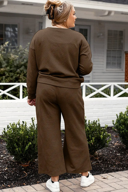 Textured Long Sleeve Top and Drawstring Pants Set - Eva's Edition