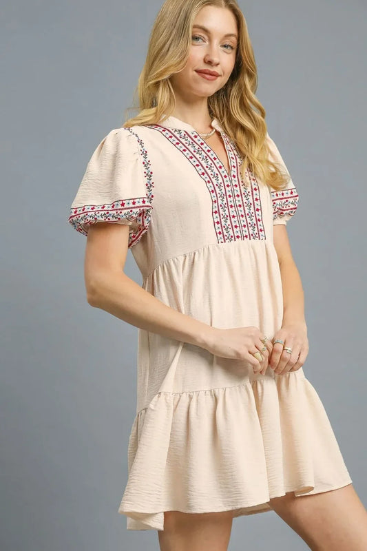 Floral Trim Puff Sleeve Mini Dress - Eva's Edition