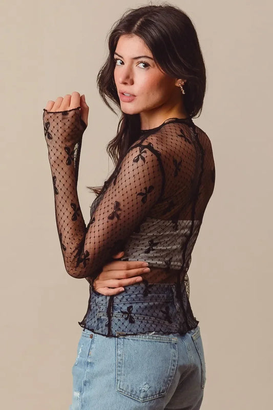 Bow Ribbon Pattern Sheer Lace Top - Eva's Edition