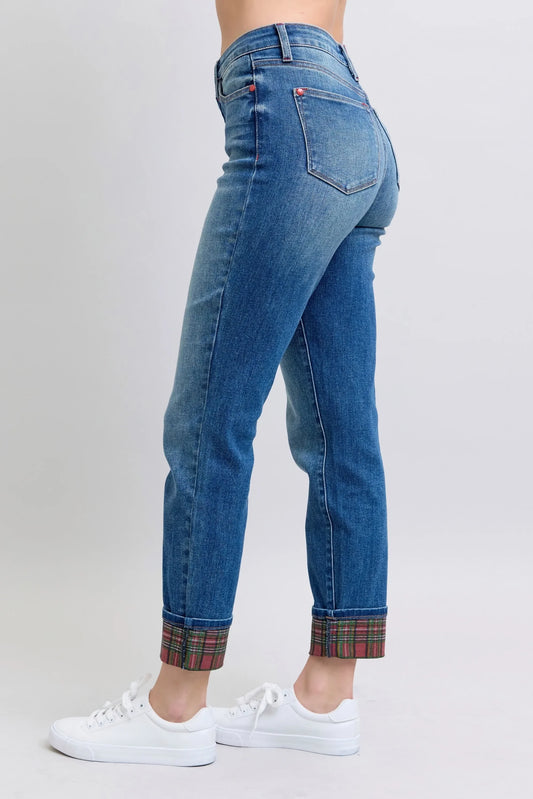 Plaid Print Cuff Bf Jeans Plus Size - Eva's Edition