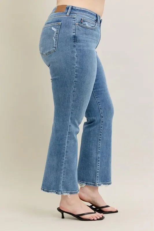 Mid Rise Wash Destroy Hem Bootcut Jeans - Eva's Edition