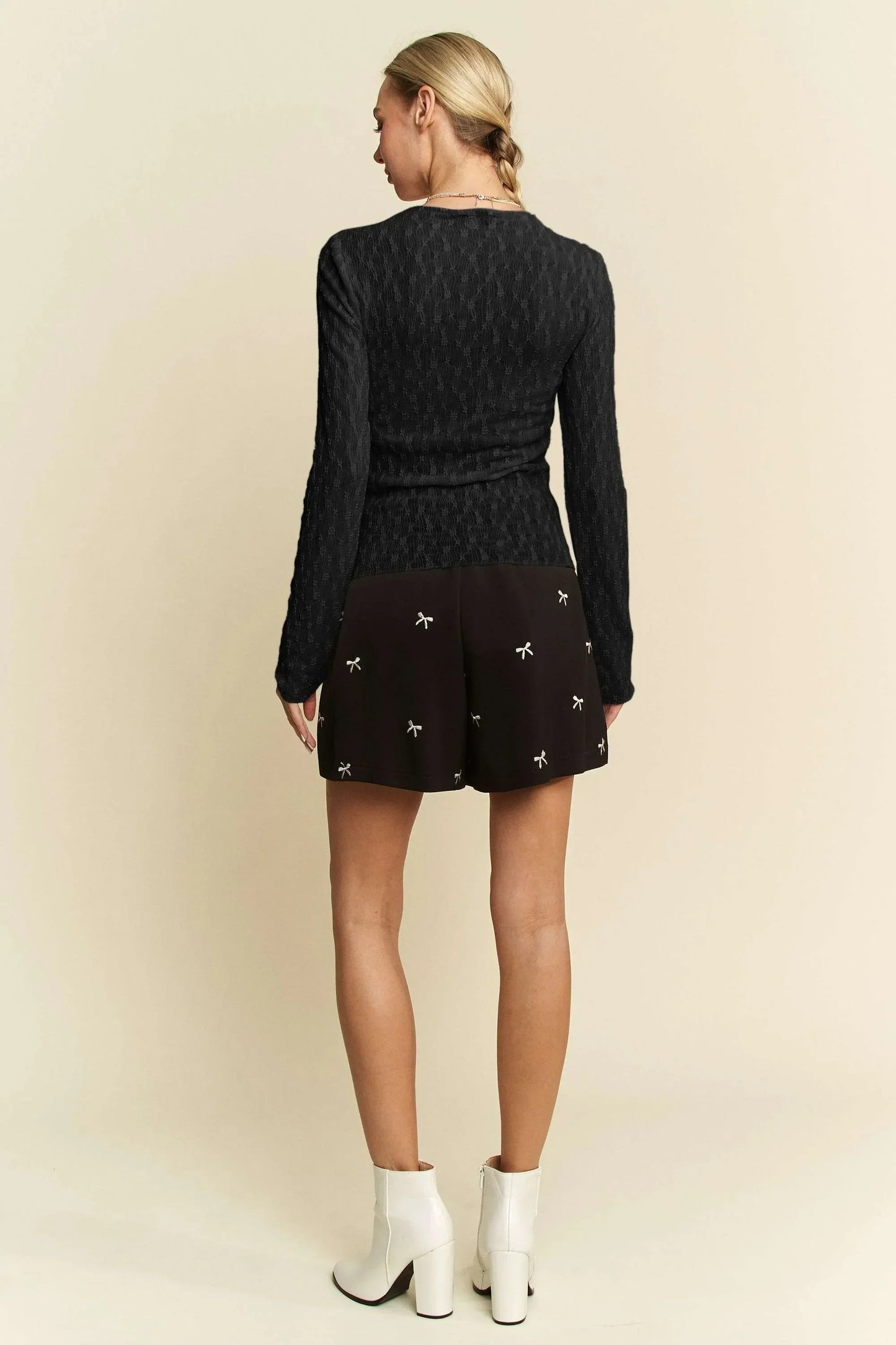 Long Sleeve Sheer Small Embroidered Bows Lace Top - Eva's Edition