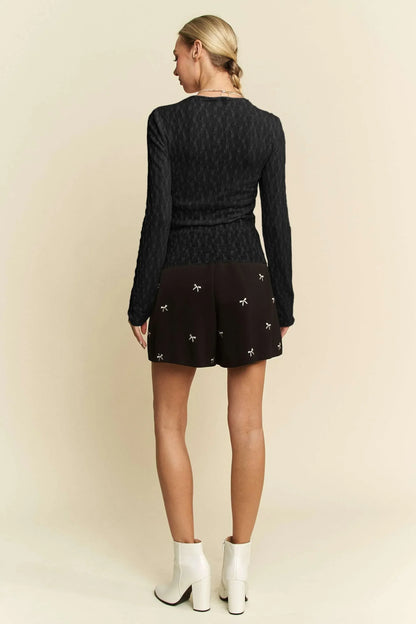 Long Sleeve Sheer Small Embroidered Bows Lace Top - Eva's Edition