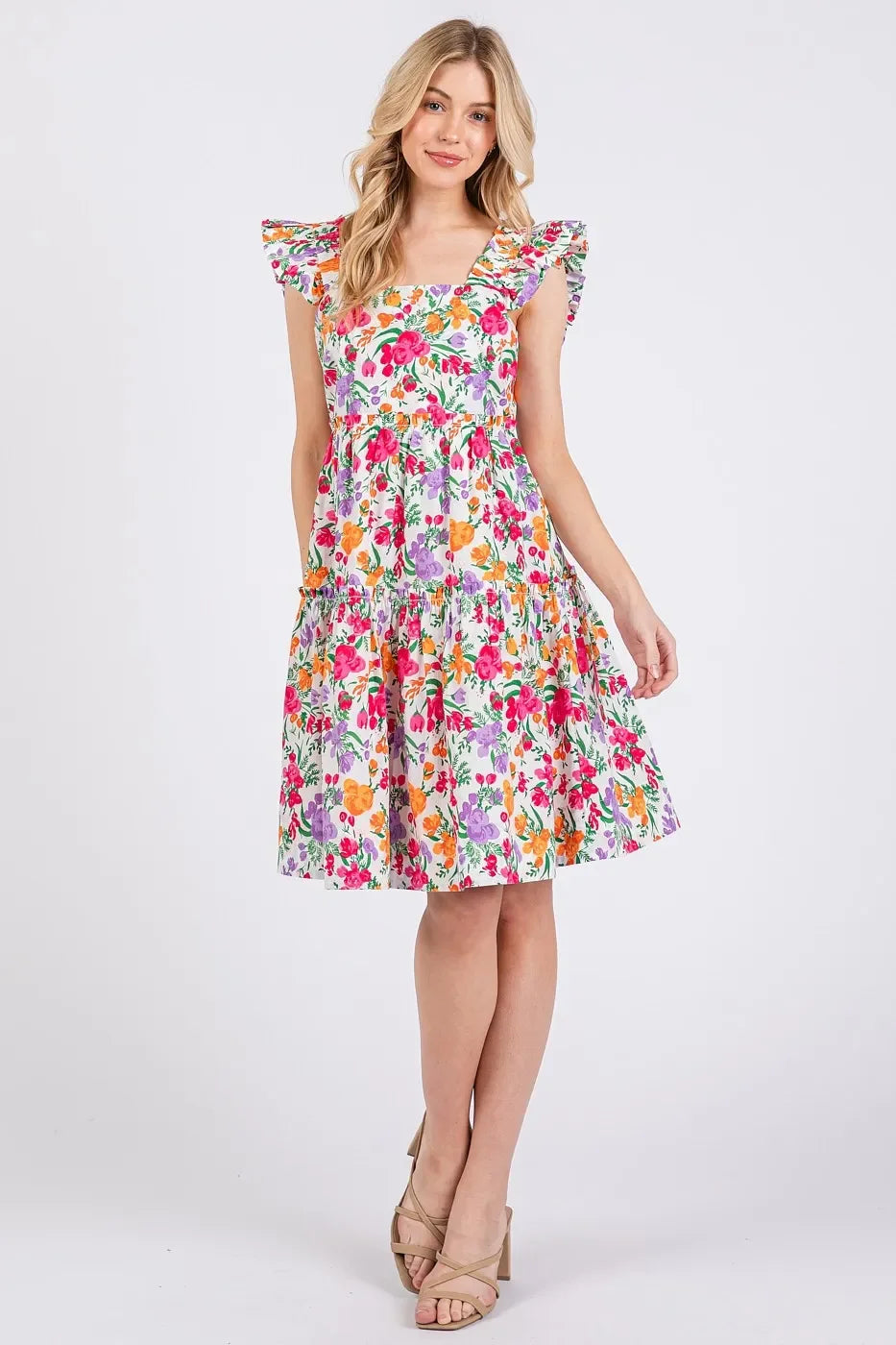 Flower Print Ruffle Shoulder A-line Mini Dress - Eva's Edition