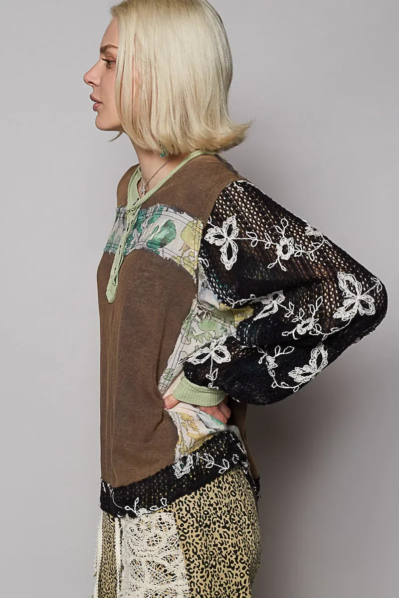 Button Detail Floral Patchwork Crochet Sleeve Blouse - Eva's Edition
