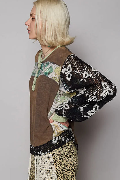 Button Detail Floral Patchwork Crochet Sleeve Blouse - Eva's Edition