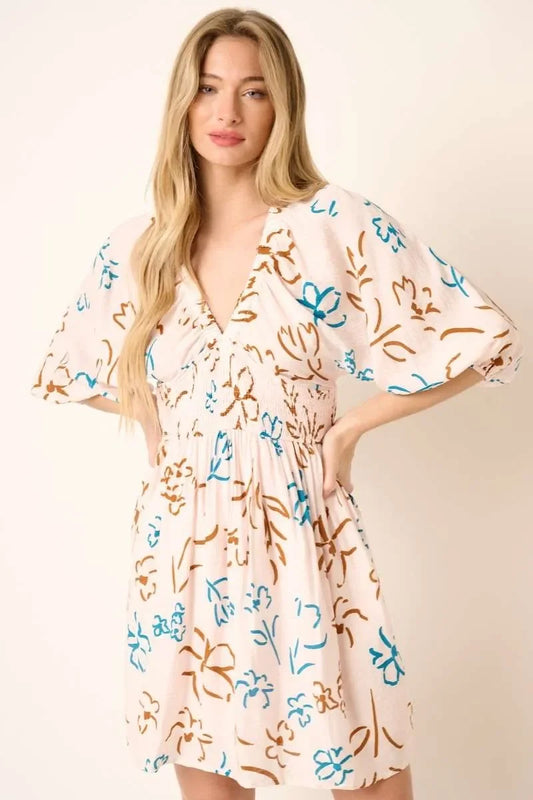 Flower Print Mocked Waist Mini Dress - Eva's Edition