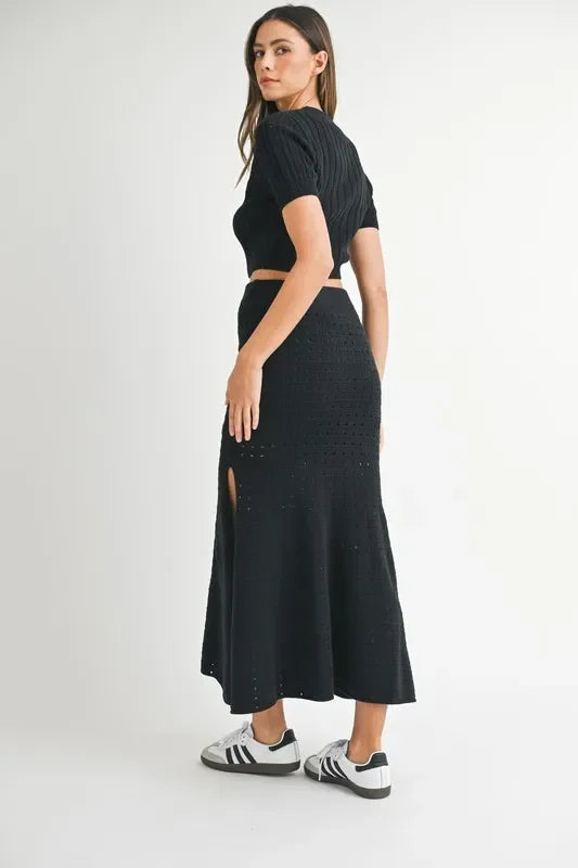 Short Sleeve Crop Top & Slit Skirt Sweater Set - Eva's Edition
