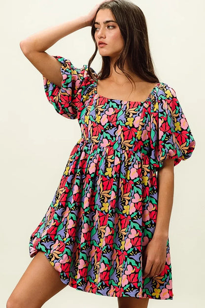 Floral Print Puff Square Neck Dress - Eva's Edition