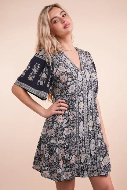 Shirring Detail Printed Woven Mini Dress - Eva's Edition