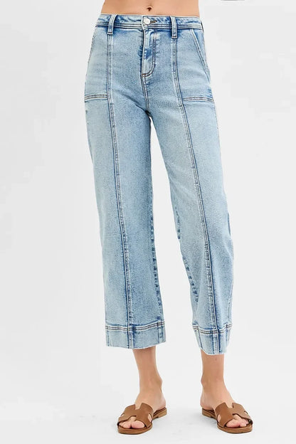 High Rise Crop Wide Front Seam Detailed Jeans Plus Size - Eva's Edition