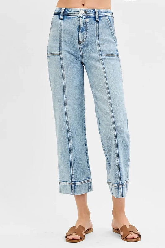 High Rise Crop Wide Front Seam Detailed Jeans Plus Size - Eva's Edition