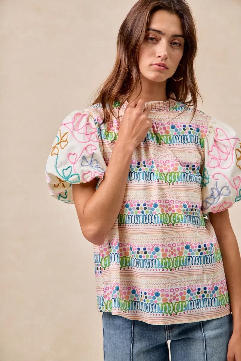 Ruffle Neckline Blouse with Embroidery Bubble Sleeve - Eva's Edition