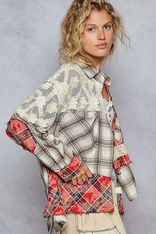 Lace Patchwork Plaid Oversized Shirt - Eva's Edition