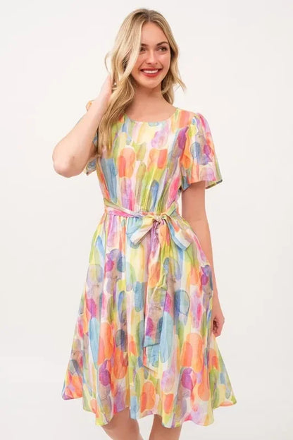 Watercolor Print Tie Front Midi Dress - Eva's Edition