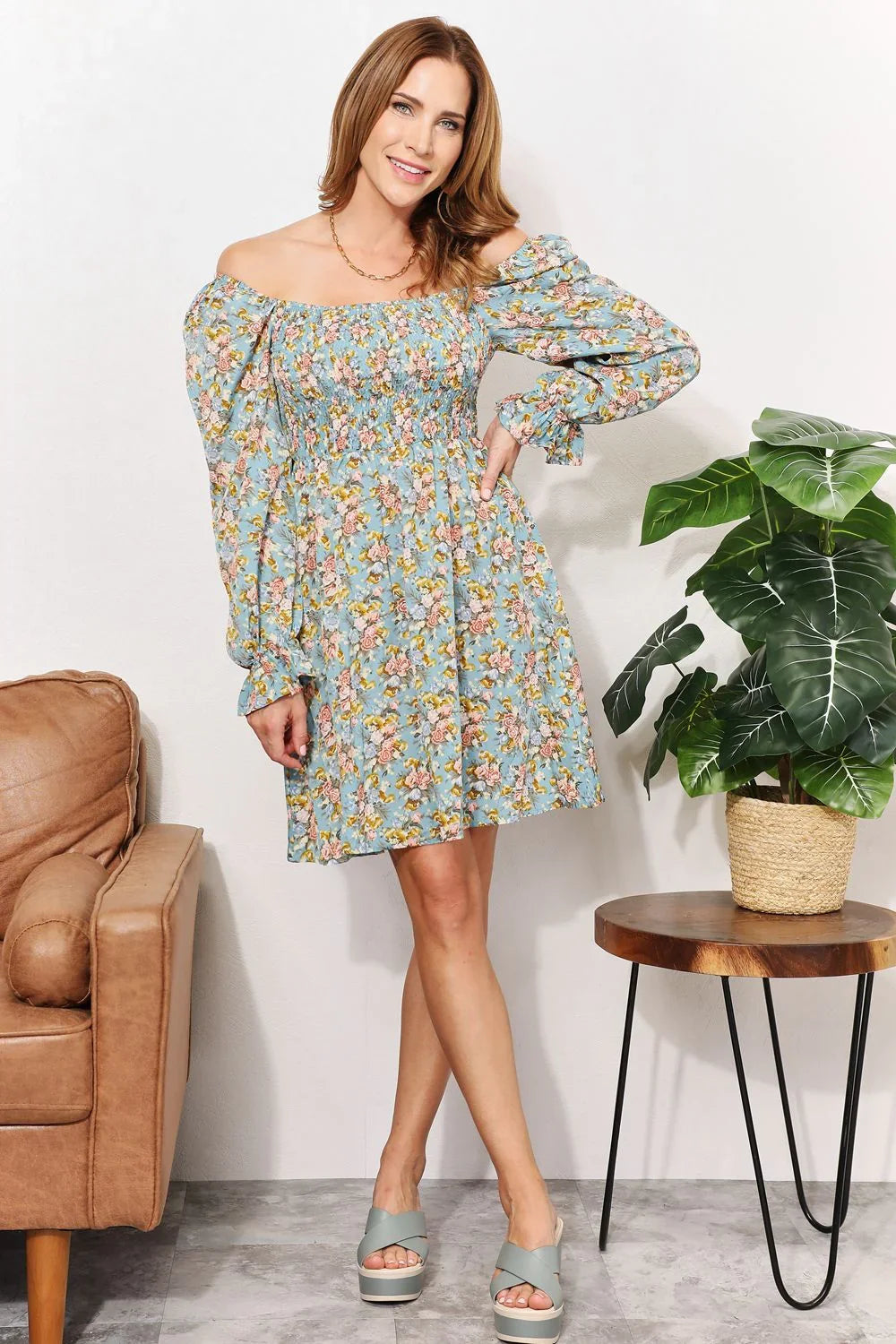 Honey Floral Smocked Flounce Sleeve Square Neck Dress - Eva's Edition