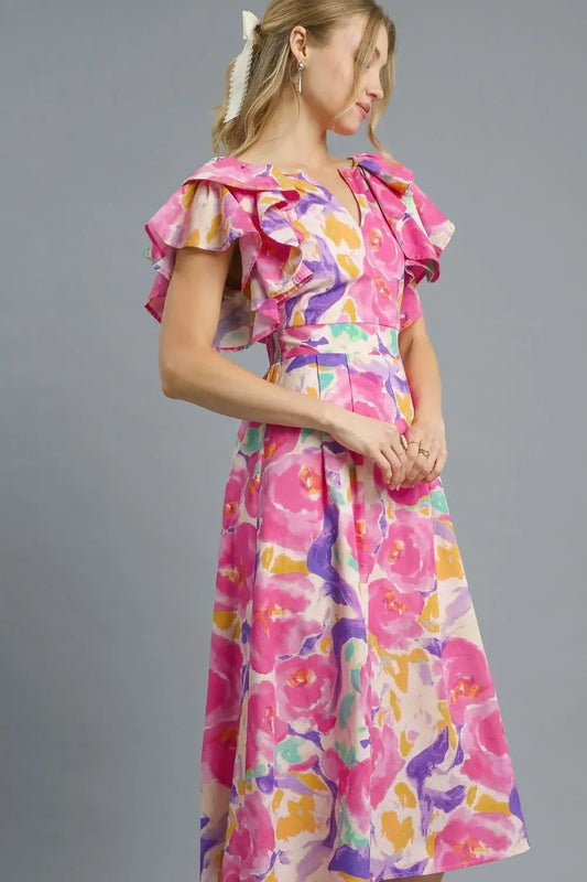 Floral Ruffled Cap Sleeve Midi Dress - Eva's Edition