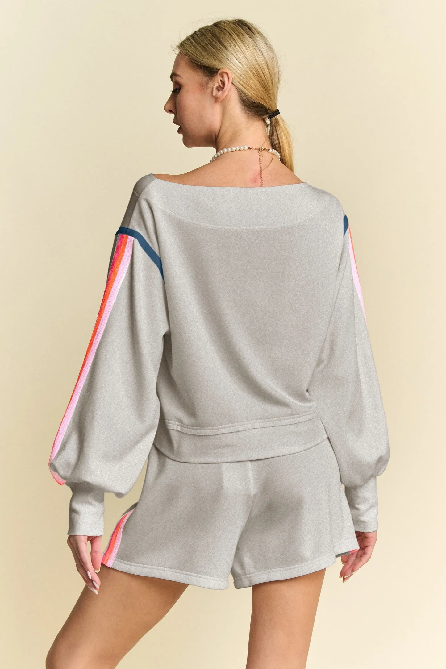Sequin Stripe Long Sleeve Top And Short Pants Set - Eva's Edition