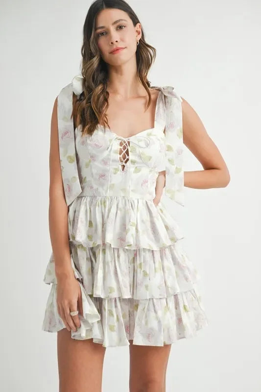 Floral Print Shoulder Tie Layered Mini Dress - Eva's Edition