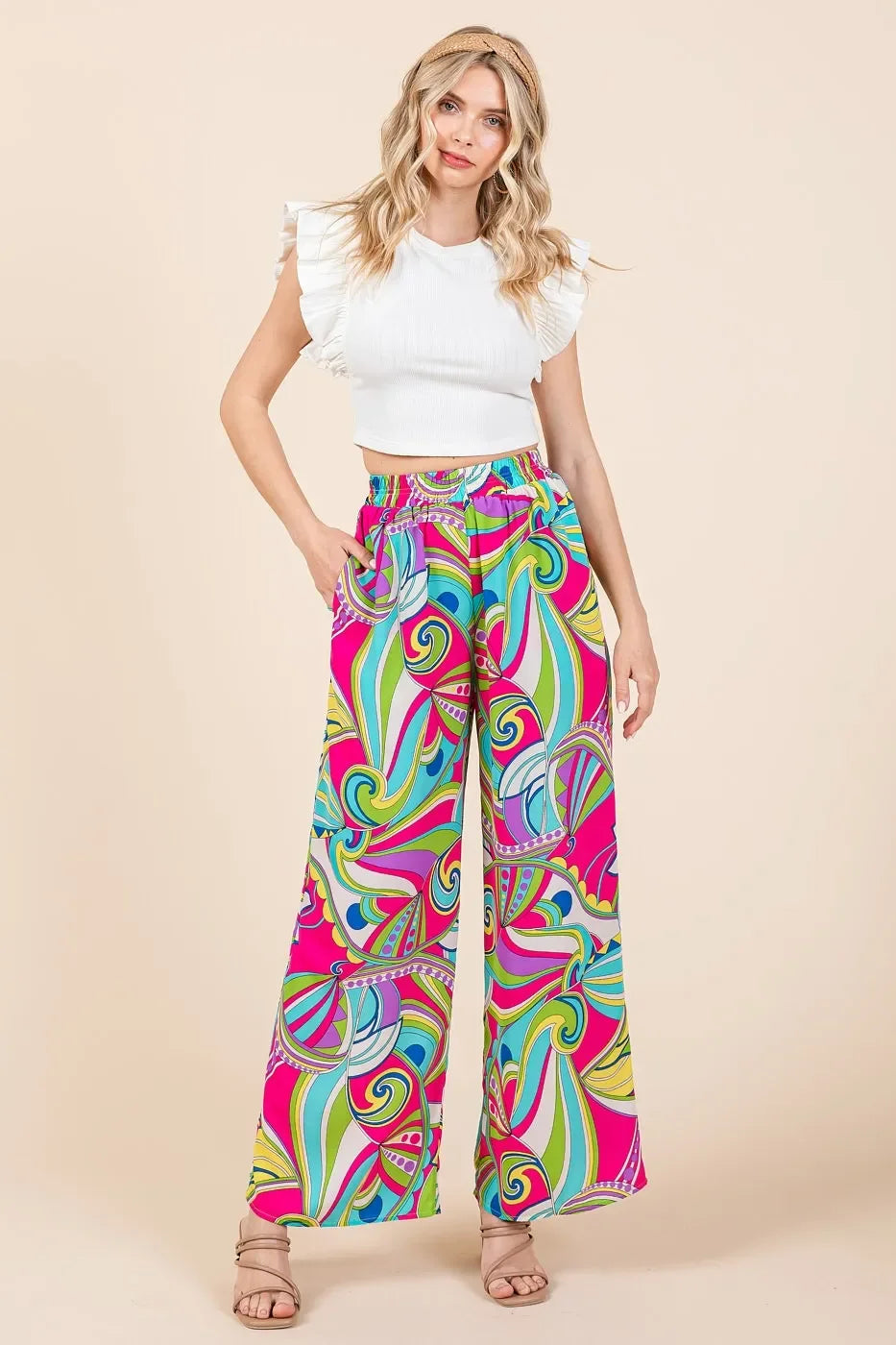 Abstract Print Elastic Waist Wide Leg Pants - Eva's Edition