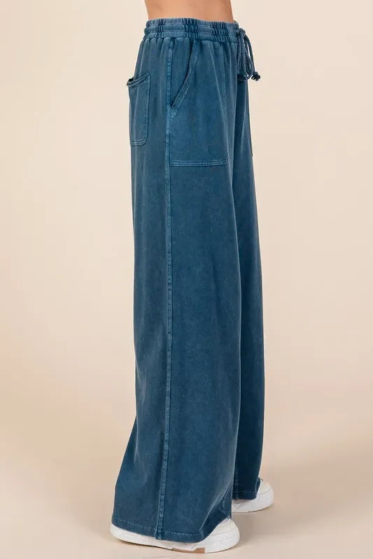 Mineral Wash French Terry Drawstring Wide Leg Pants - Eva's Edition