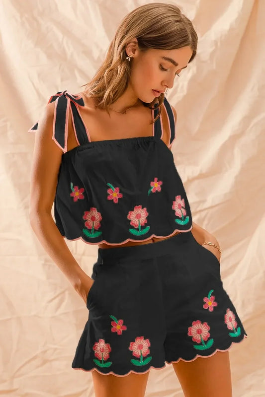 Flower Embroidered Tank Top and Shorts Set - Eva's Edition