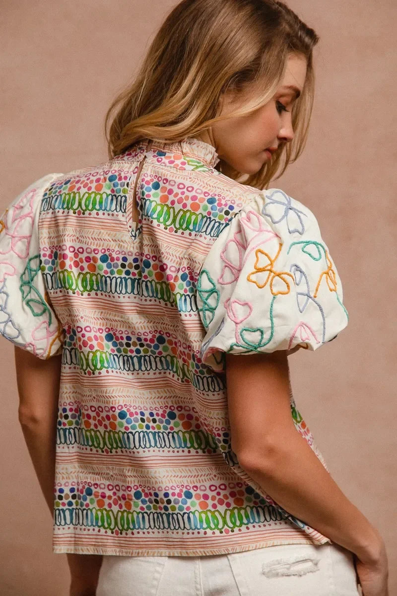 Ruffle Neckline Blouse with Embroidery Bubble Sleeve - Eva's Edition