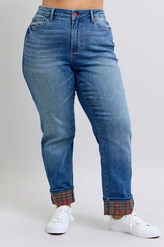 Plaid Print Cuff Bf Jeans Plus Size - Eva's Edition
