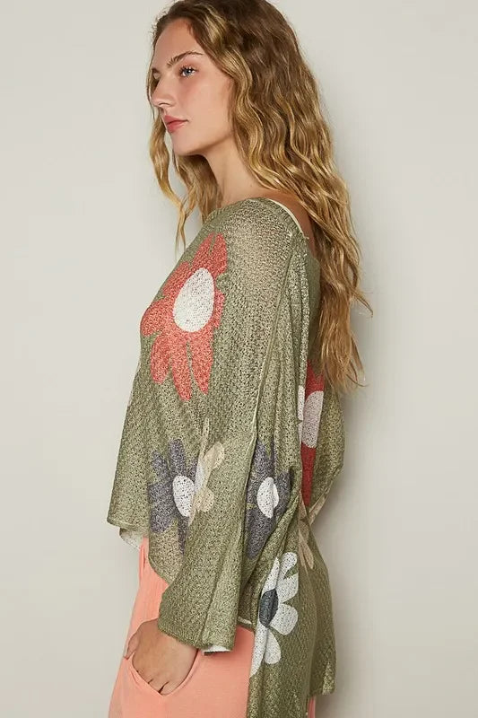 Flower Dropped Shoulder Long Sleeve Knit Top - Eva's Edition