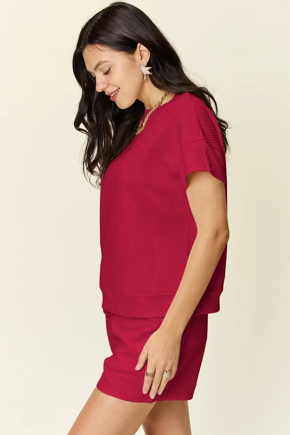 Textured Short Sleeve T-Shirt and Drawstring Shorts Set - Eva's Edition