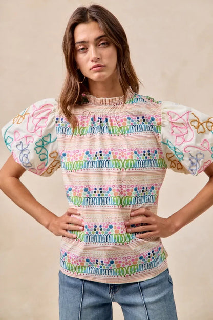 Ruffle Neckline Blouse with Embroidery Bubble Sleeve - Eva's Edition