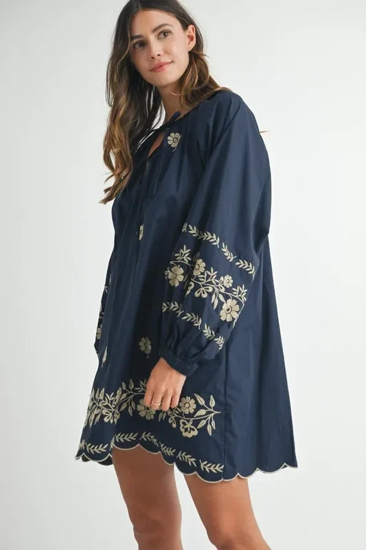 Embroidered Long Sleeve Peasant Mini Dress - Eva's Edition