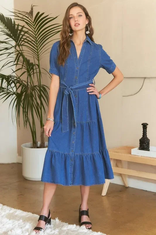 Tiered Button Down Tie Waist Short Sleeve Denim Dress - Eva's Edition