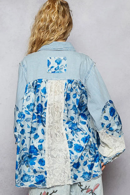 Floral Patchwork Denim Shirt with Lace Trim Details - Eva's Edition