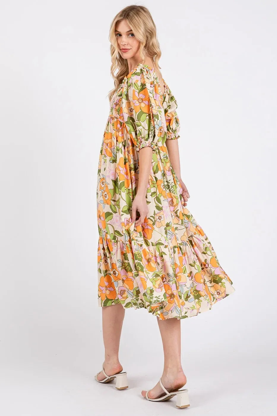 Mittoshop Flower Print Puff Sleeve Ruffle Smocked Midi Dress - Eva's Edition