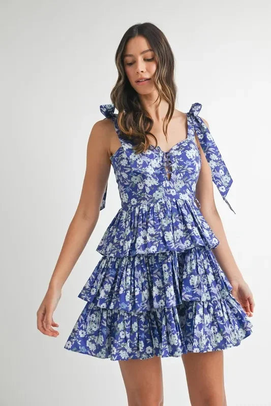 Floral Print Shoulder Tie Layered Mini Dress - Eva's Edition