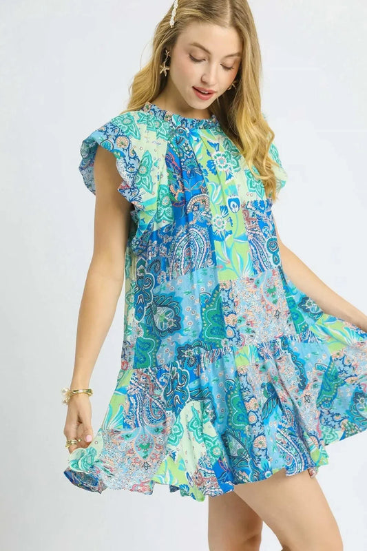 Printed Ruffle Cap Sleeve Mini Dress - Eva's Edition