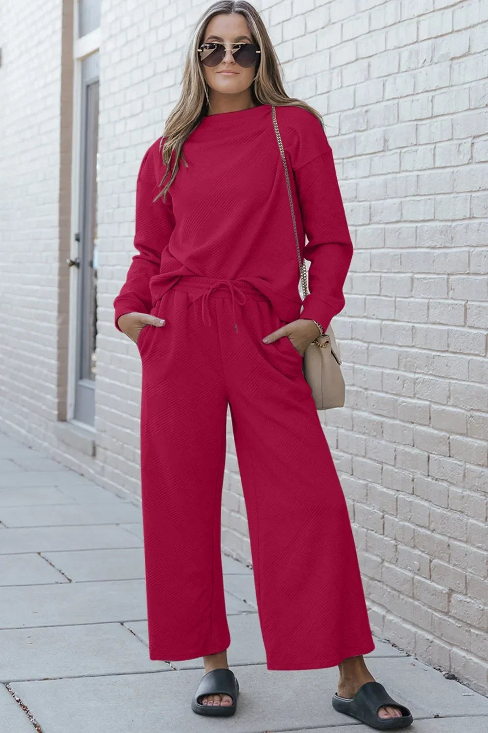 Textured Long Sleeve Top and Drawstring Pants Set - Eva's Edition
