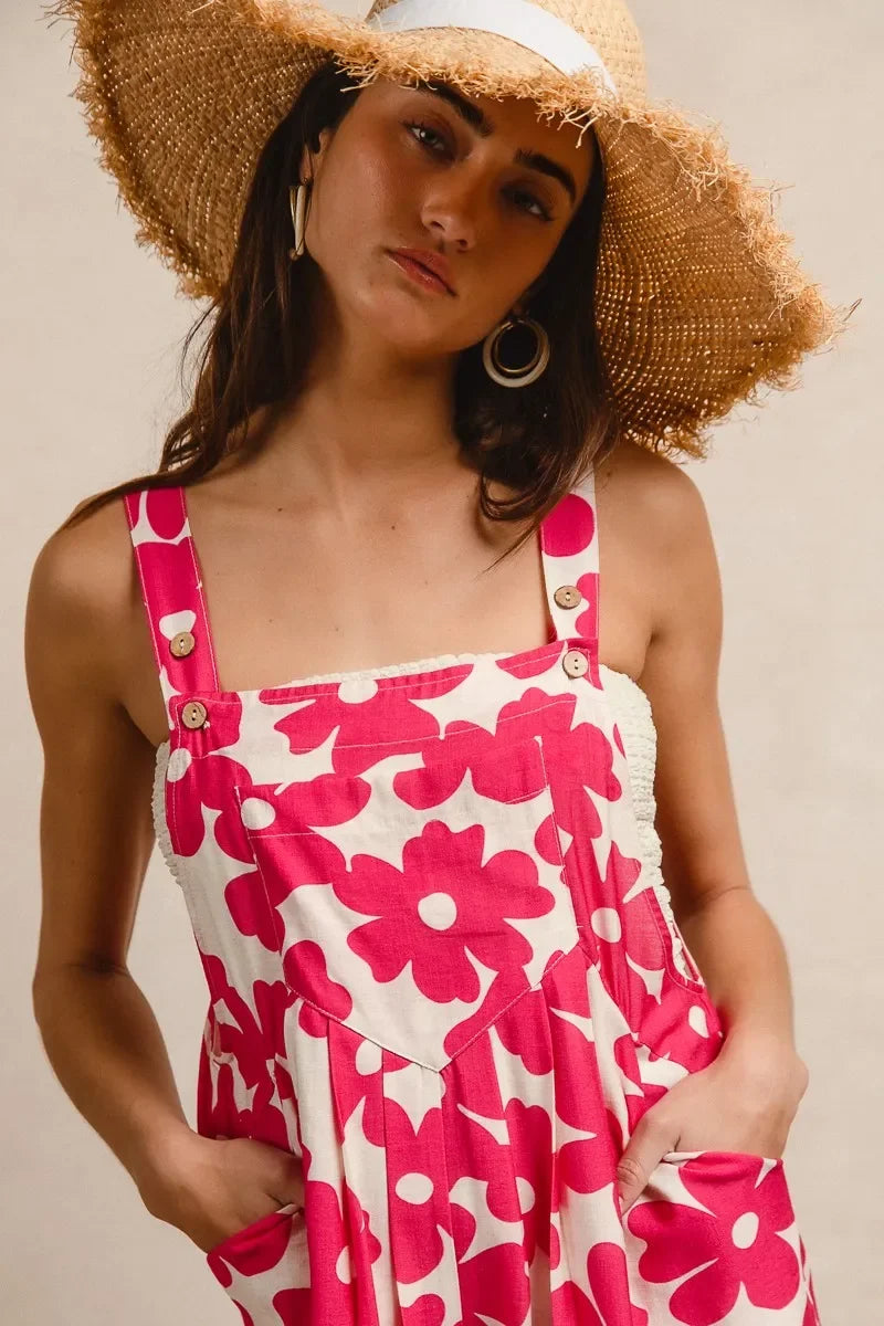 Floral Prints Tuck Detail Short Overall With Pockets - Eva's Edition