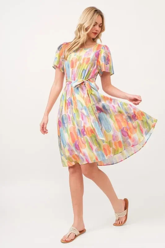 Watercolor Print Tie Front Midi Dress - Eva's Edition