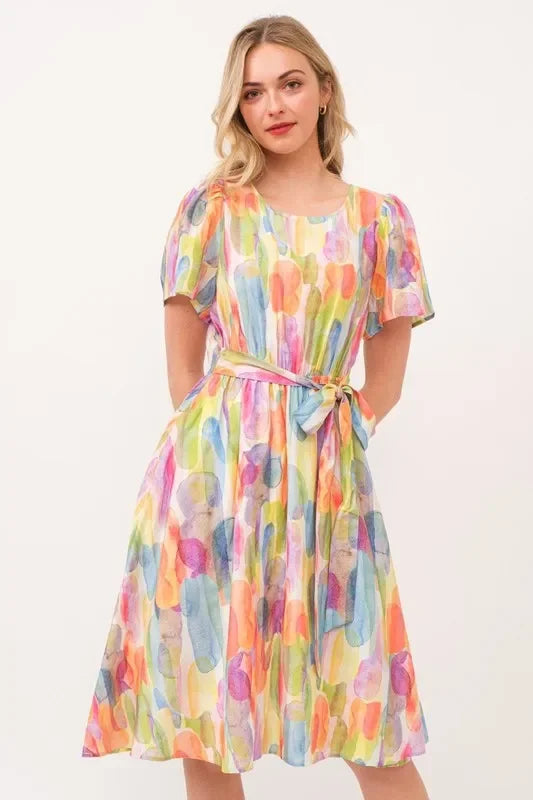 Watercolor Print Tie Front Midi Dress - Eva's Edition