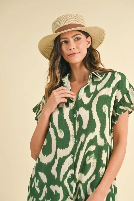 Abstract Printed Frill Sleeve Shirt Mini Dress - Eva's Edition