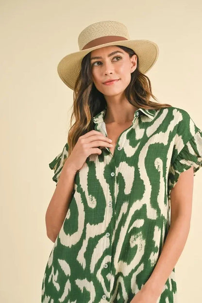 Abstract Printed Frill Sleeve Shirt Mini Dress - Eva's Edition