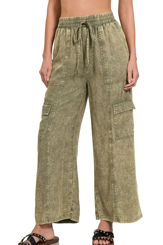 Linen Elastic Band Waist Cargo Pants - Eva's Edition