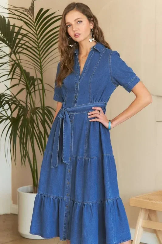 Tiered Button Down Tie Waist Short Sleeve Denim Dress - Eva's Edition