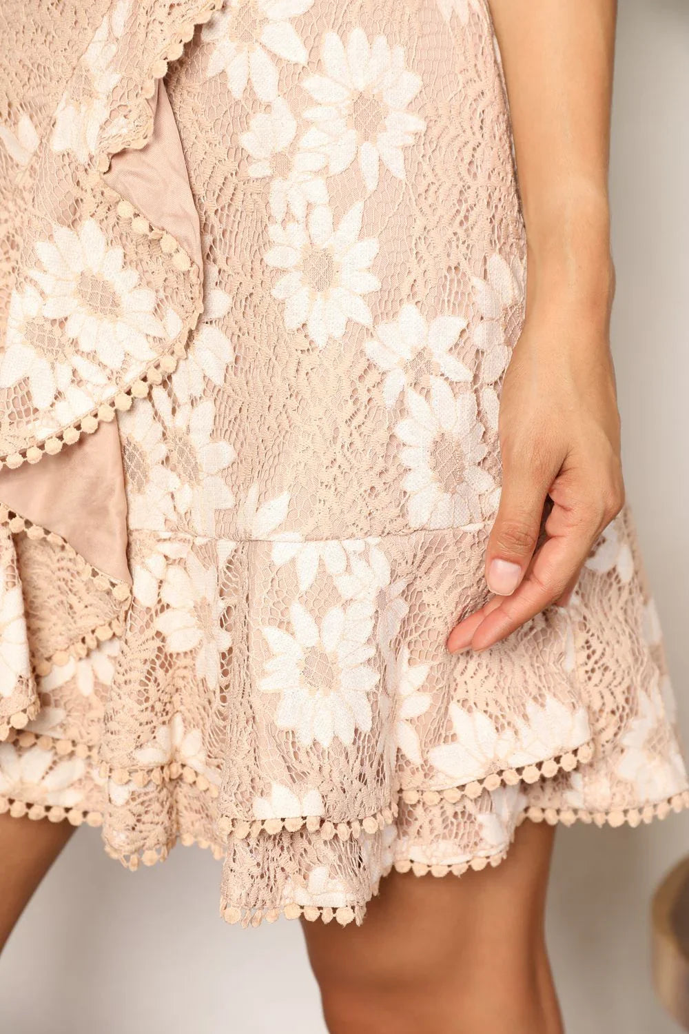 Double Take Floral Lace Pompom Detail Tie-Waist Flutter Sleeve Dress - Eva's Edition